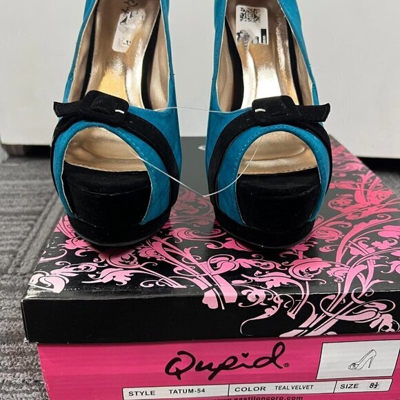 Qupid Tatum 47 teal velvet Ruched peep toe Platform Pumps  Sz 8 - Picture 3 of 8